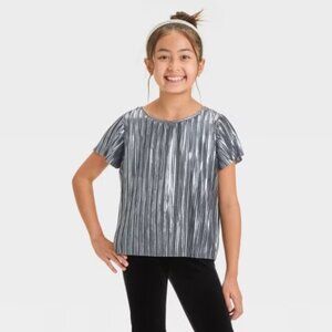 Girl's Short Sleeve Pleated Party Top, Gun Metal, Size: XS 4/5